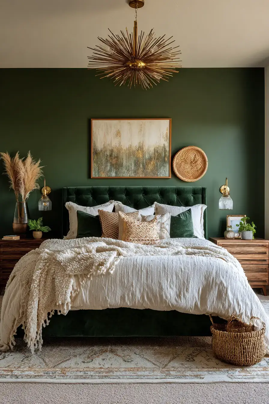 A luxe green boho bedroom with velvet fabrics, metallic accents, and woven decor