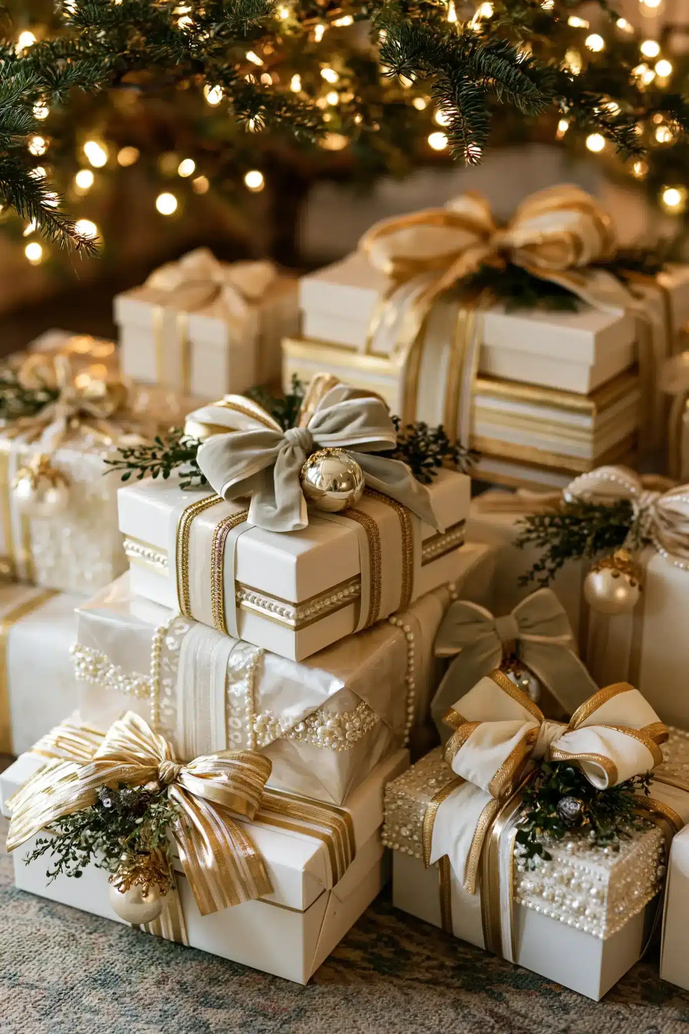 Christmas gifts wrapped in white paper with gold ribbon, velvet bows, and metallic tags.