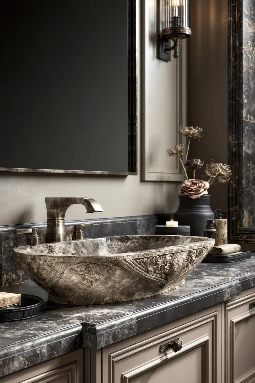 A luxurious bathroom with a carved stone basin and subtle lighting