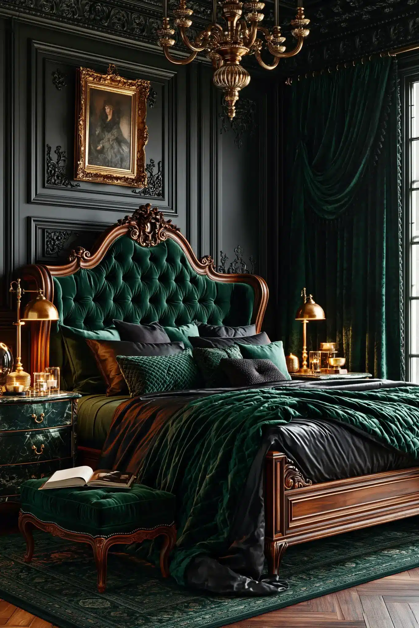 A luxurious gothic bedroom with emerald accents, velvet, and marble surfaces