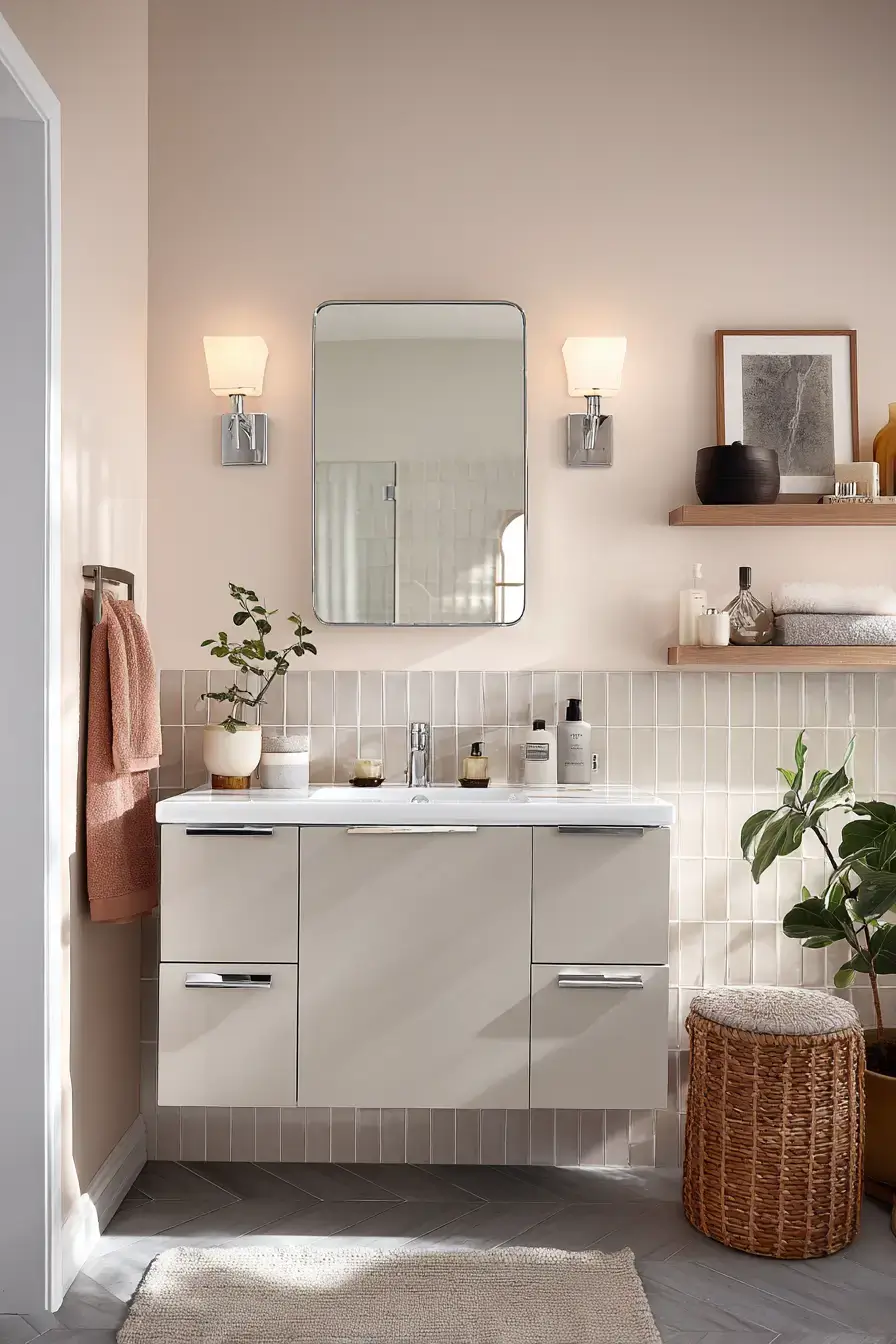 Small bathroom with light paint, floating shelves, and a sleek mirror