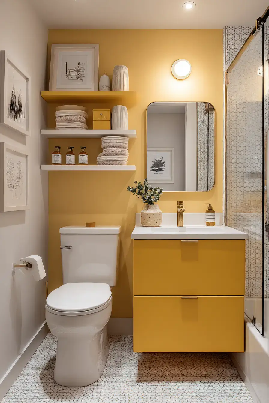 Stylish tiny bathroom with bright colors and compact storage