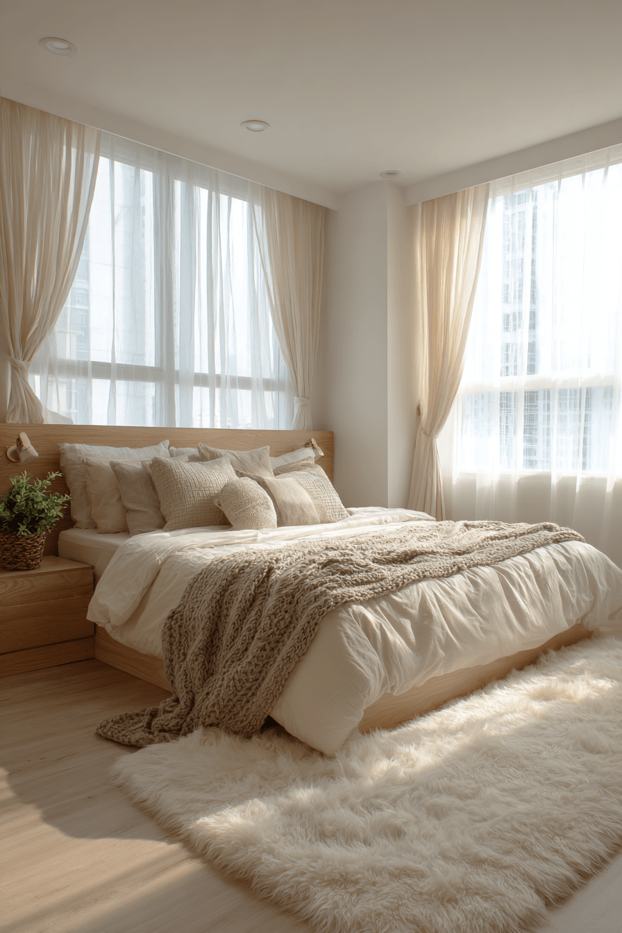 bright beige bedroom with sheer curtains and light finishes