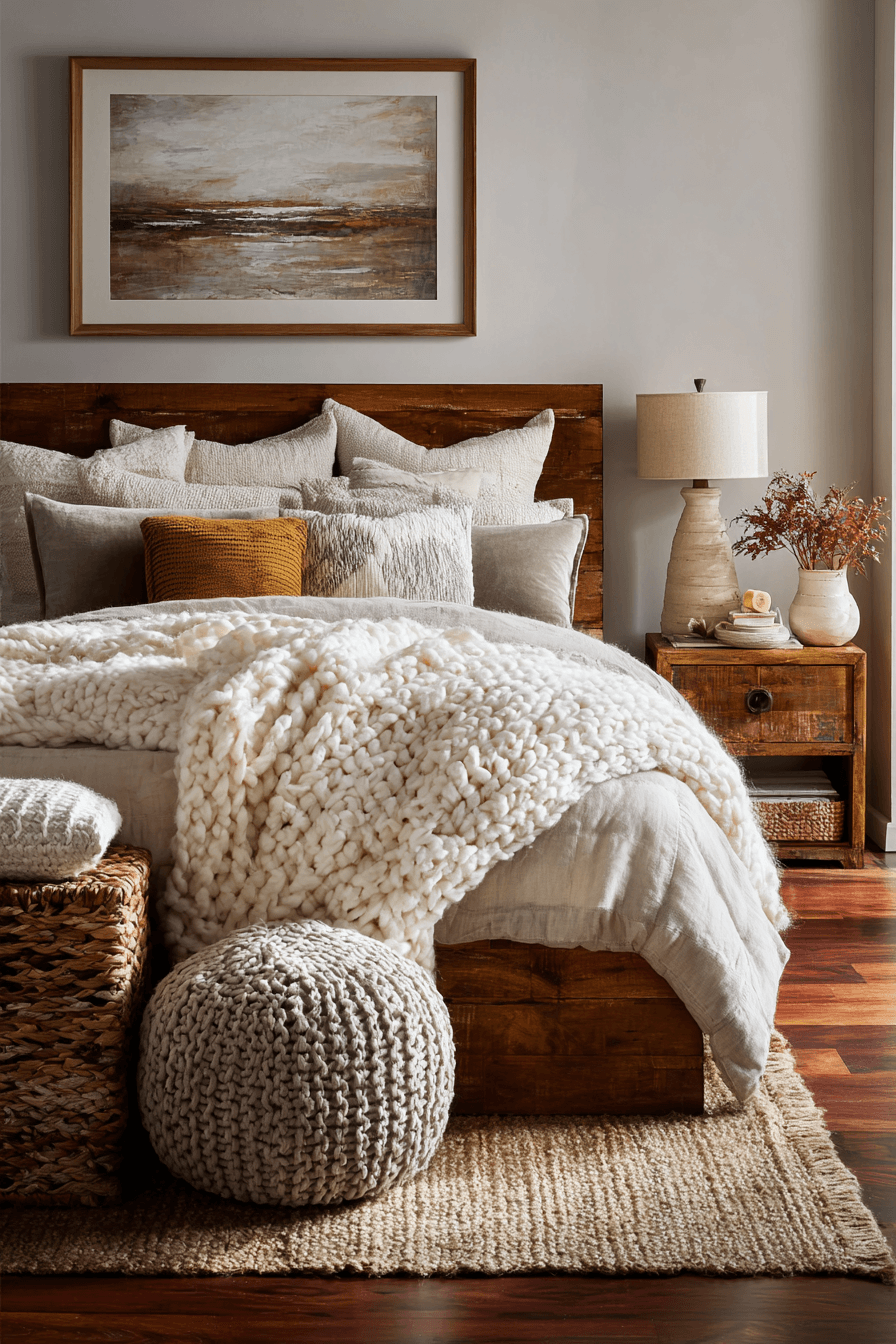 Warm textured bedroom with layered blankets, knit cushions, and soft lighting