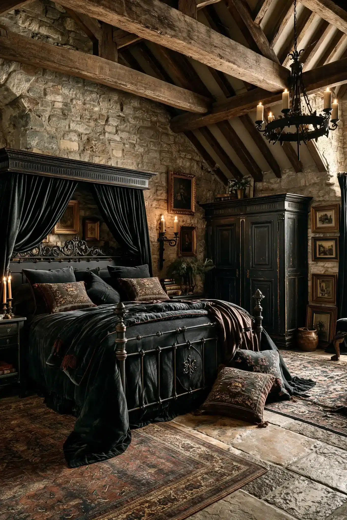 A gothic manor bedroom with weathered wood, iron details, and vintage charm