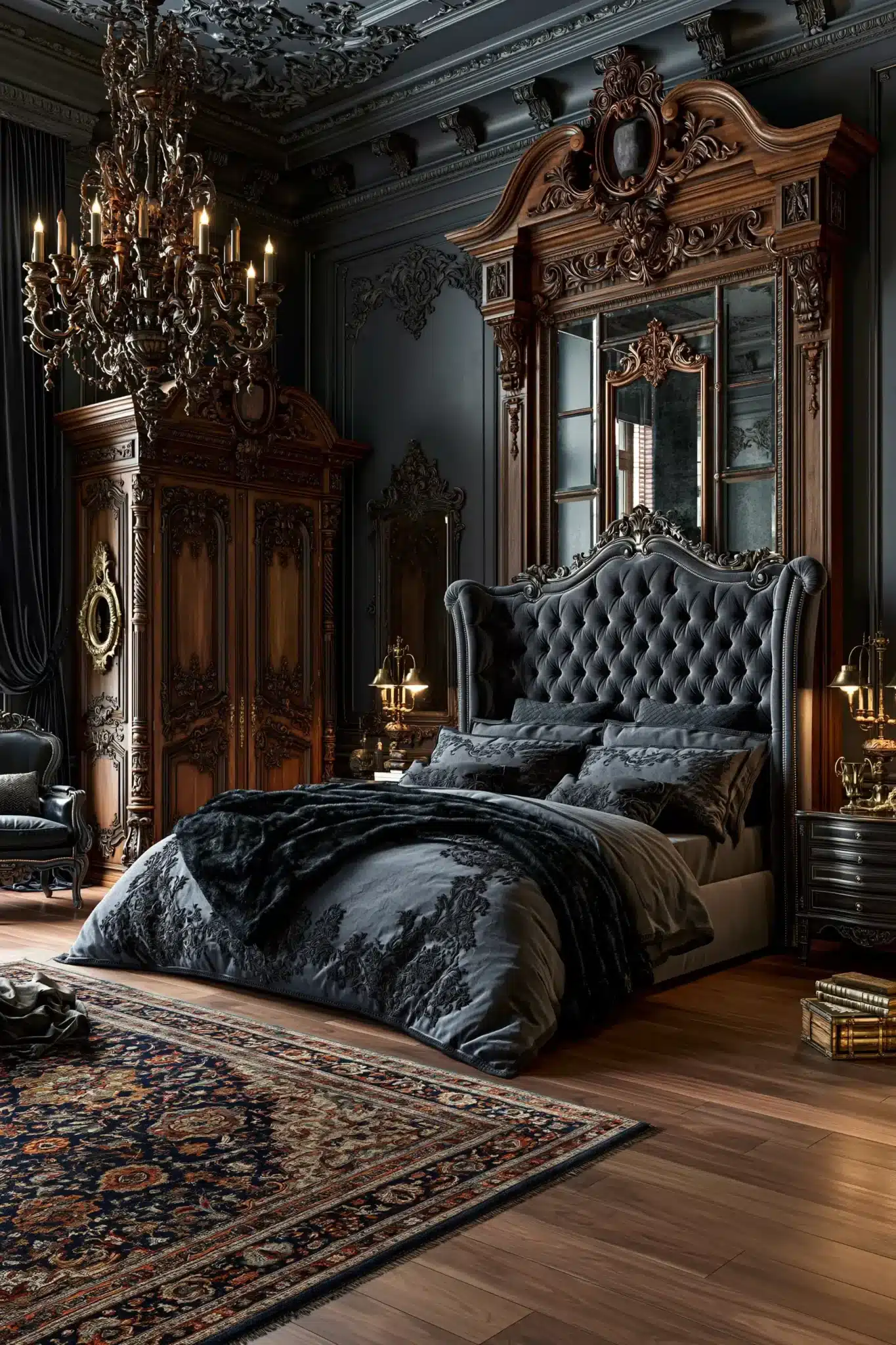 A grand gothic mansion bedroom with tall furniture, chandeliers, and deep tones