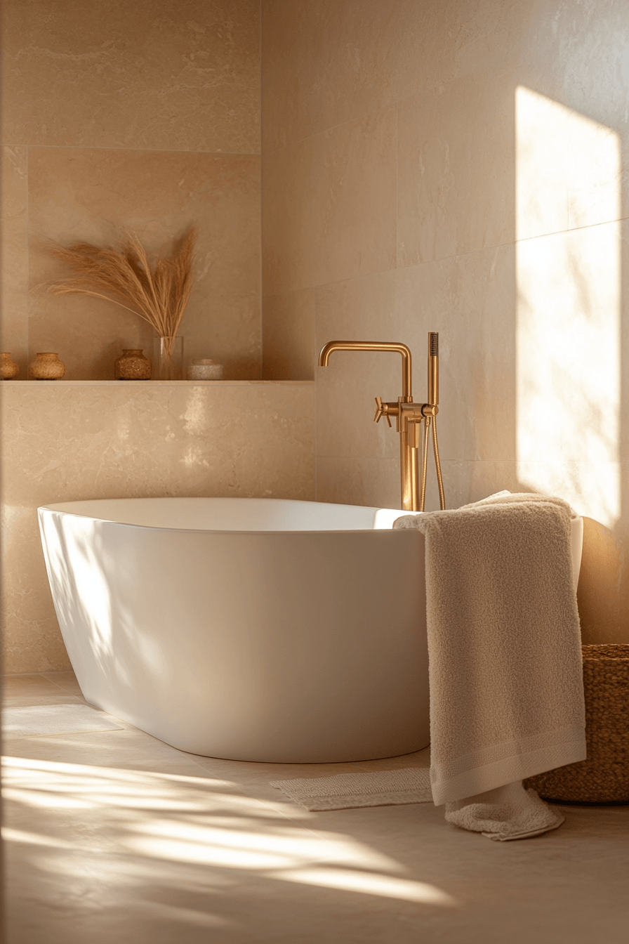 Coastal bathroom with marble, sand-toned finishes, and elegant brass accents