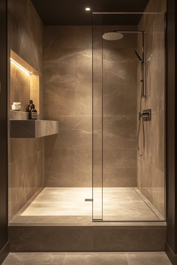 Marble finish walk-in shower in a small bathroom.