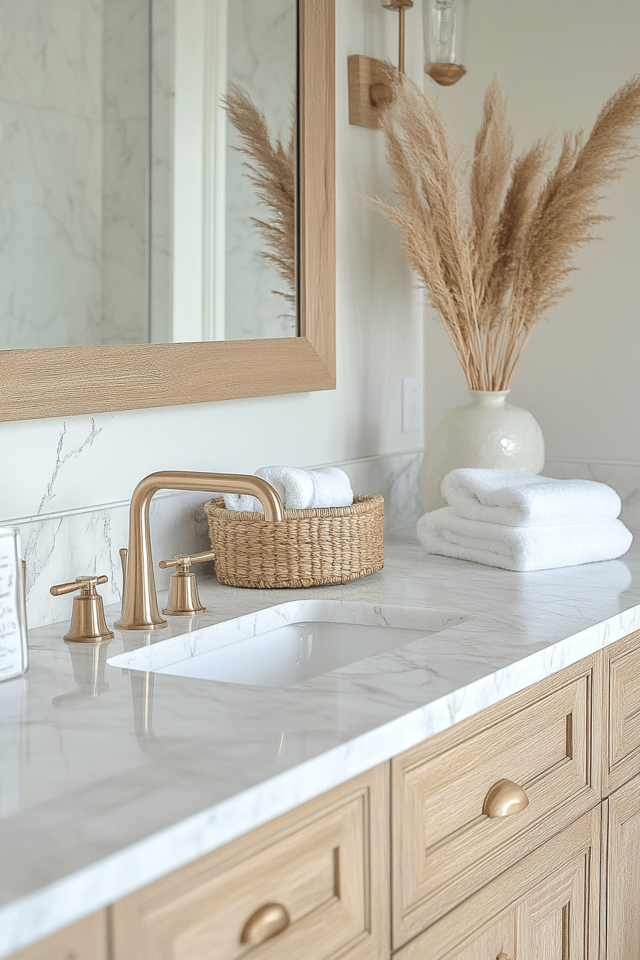 Modern coastal bathroom with white marble, wood accents, and soft blue details