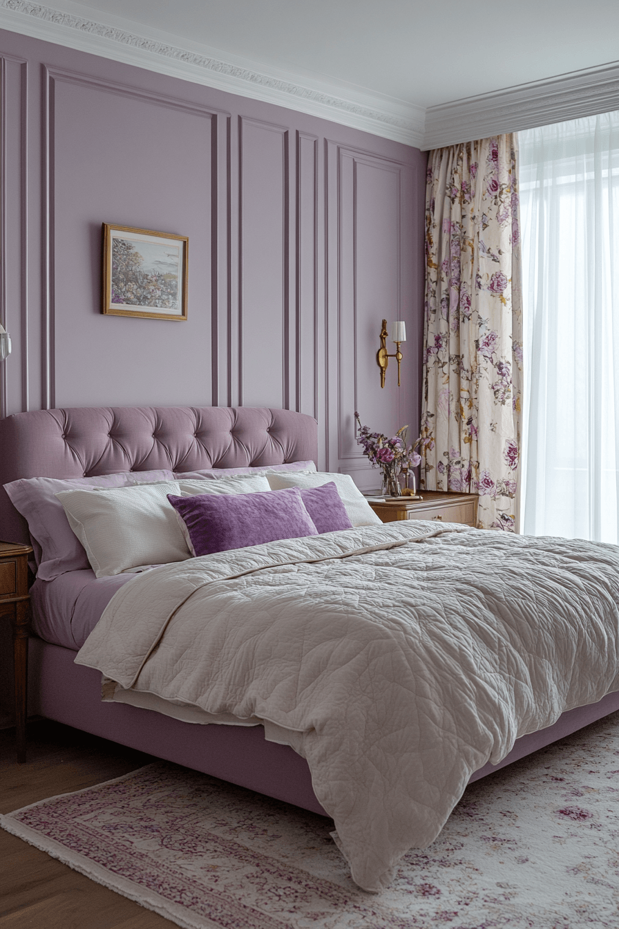 Romantic mauve bedroom with blush accents and vintage-inspired details
