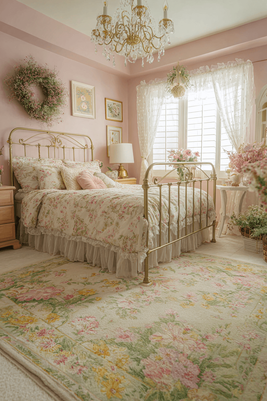 Light and cheerful bedroom with floral bedding, pastel tones, and fresh wildflower accents