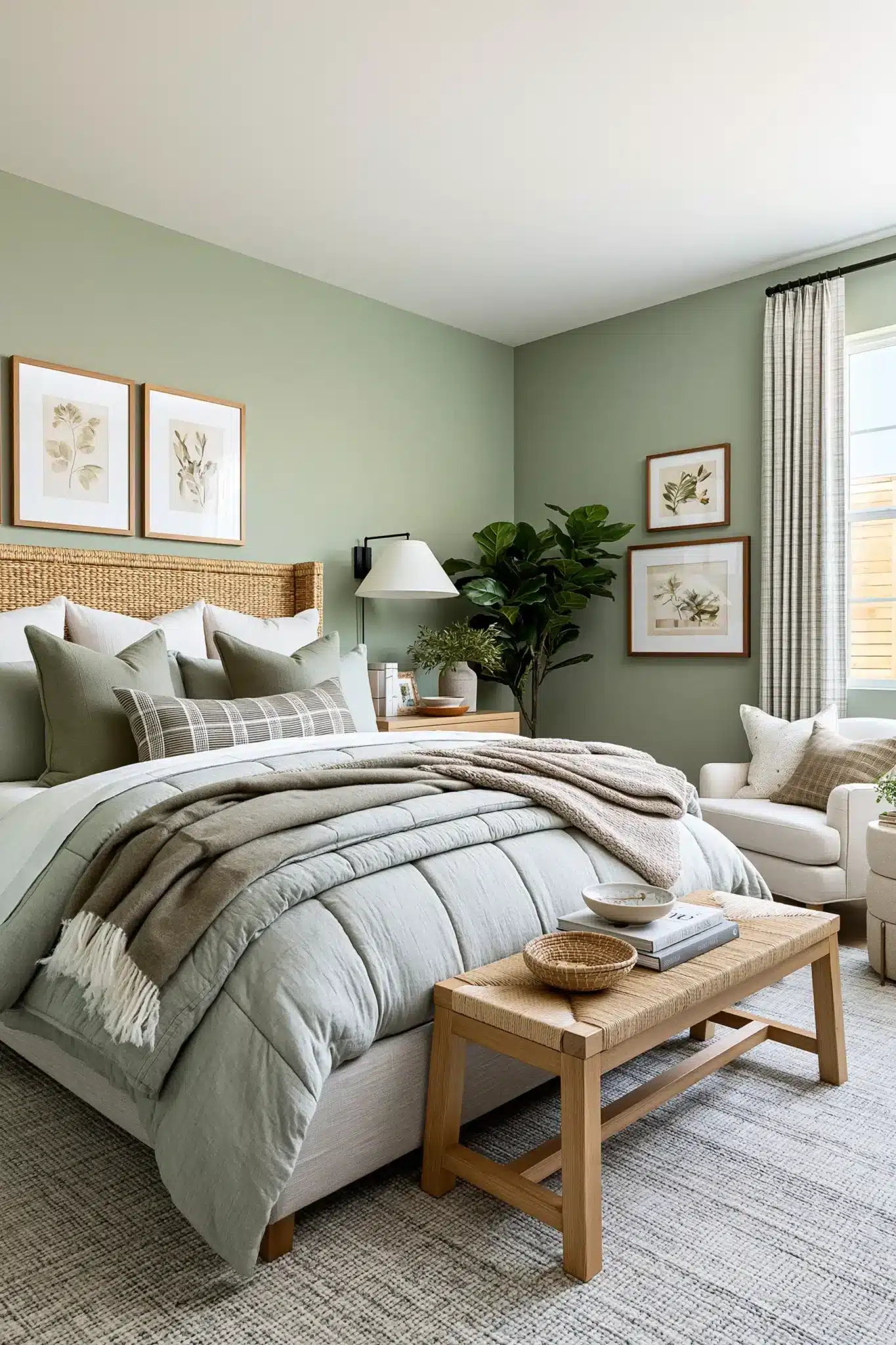 Nature-inspired sage green and grey bedroom with light wood, woven decor, and botanical art