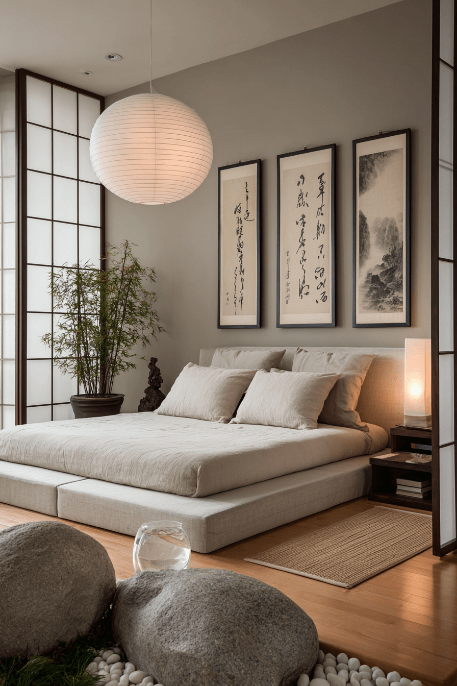 Serene bedroom inspired by Japanese gardens with low furniture and stone accents