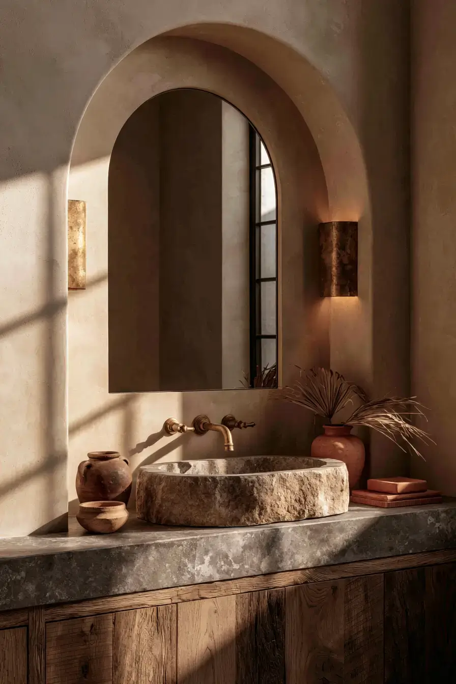 A Mediterranean-style bathroom with an arched mirror and a stone sink