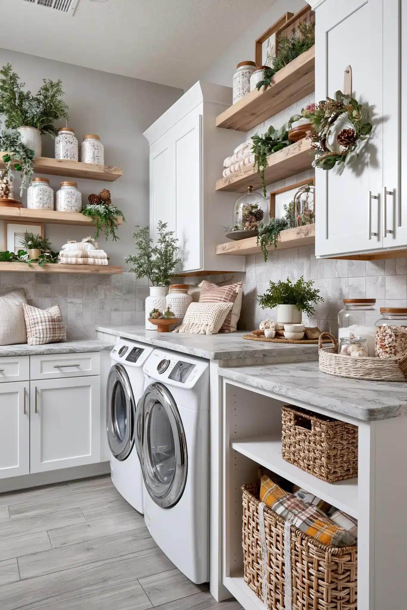 A laundry room decorated with rustic Christmas accents
