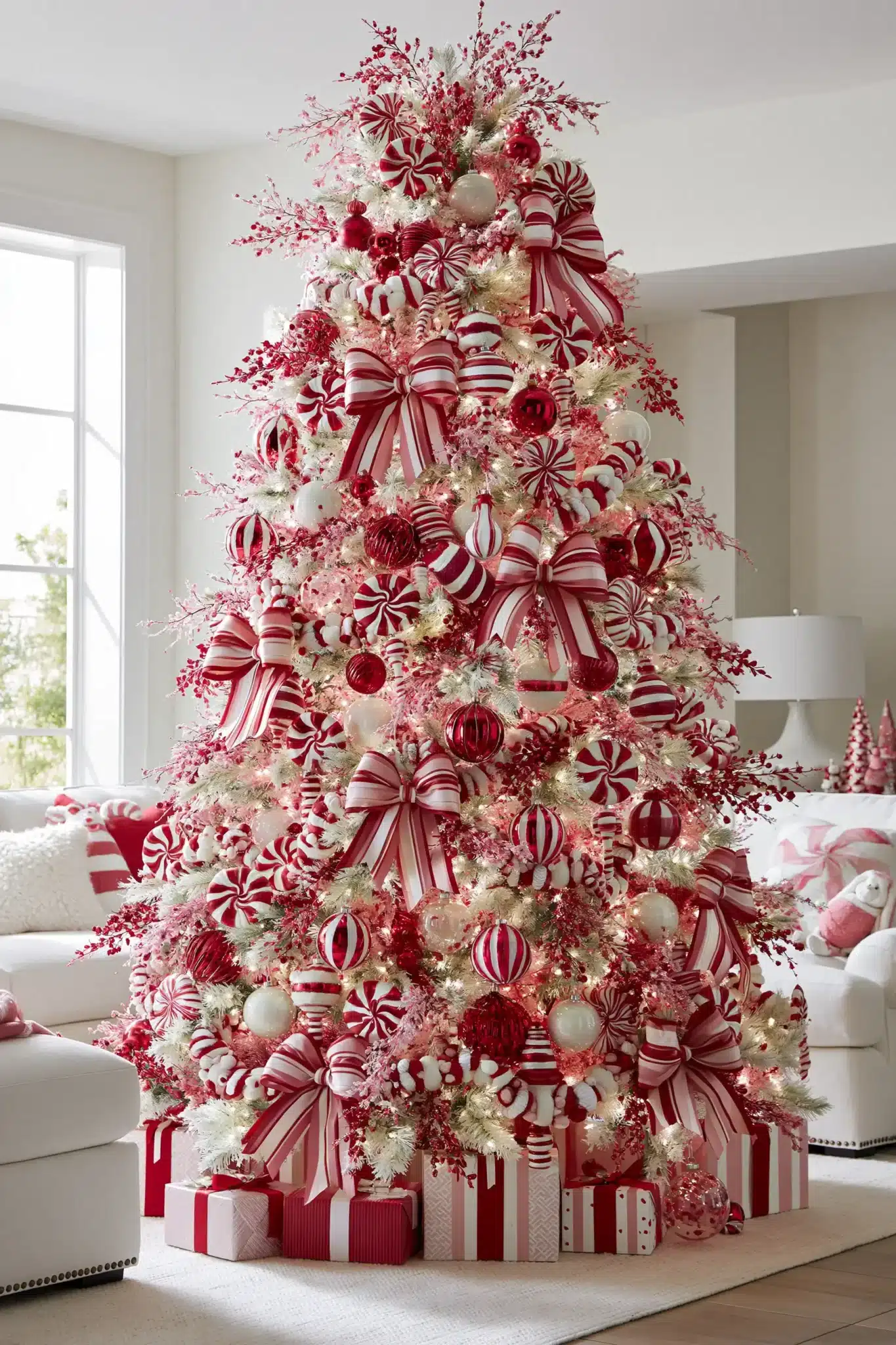 Peppermint Christmas tree with candy-striped ornaments, red and white ribbon, and sparkling lights
