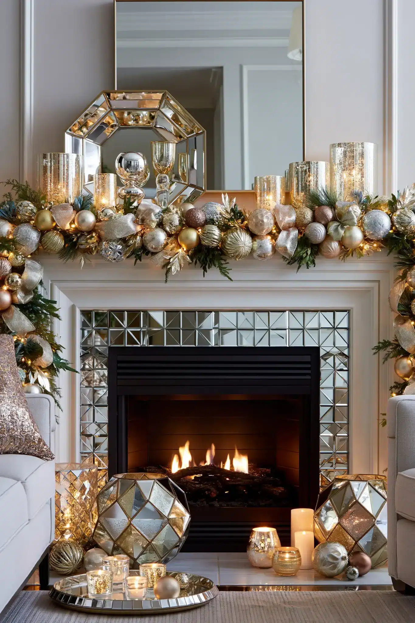 A glamorous Christmas fireplace decorated with metallic ornaments and reflective accents.
