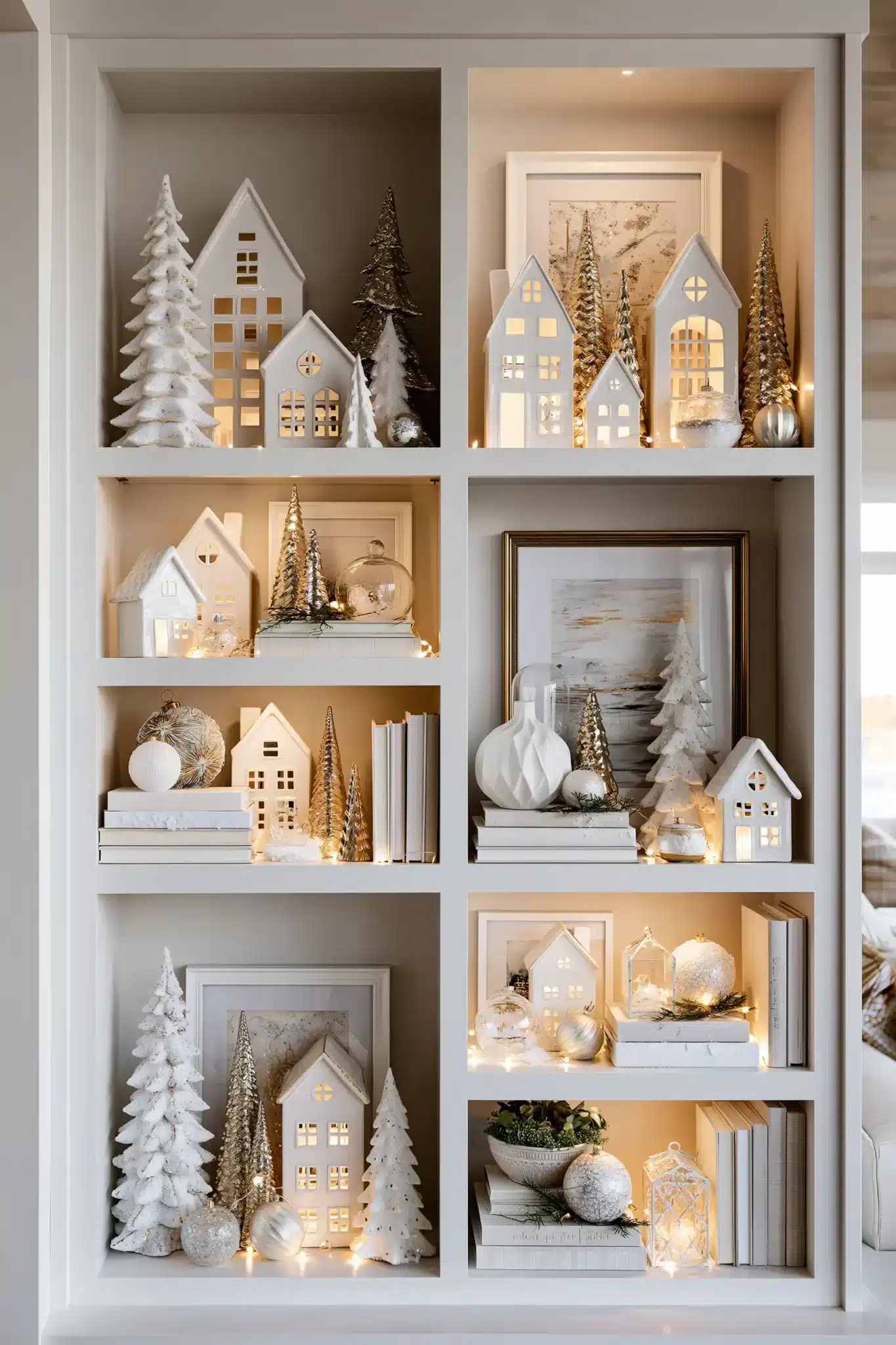Bookshelf decorated for Christmas with white ceramic houses, gold trees, glass ornaments, and small lights.