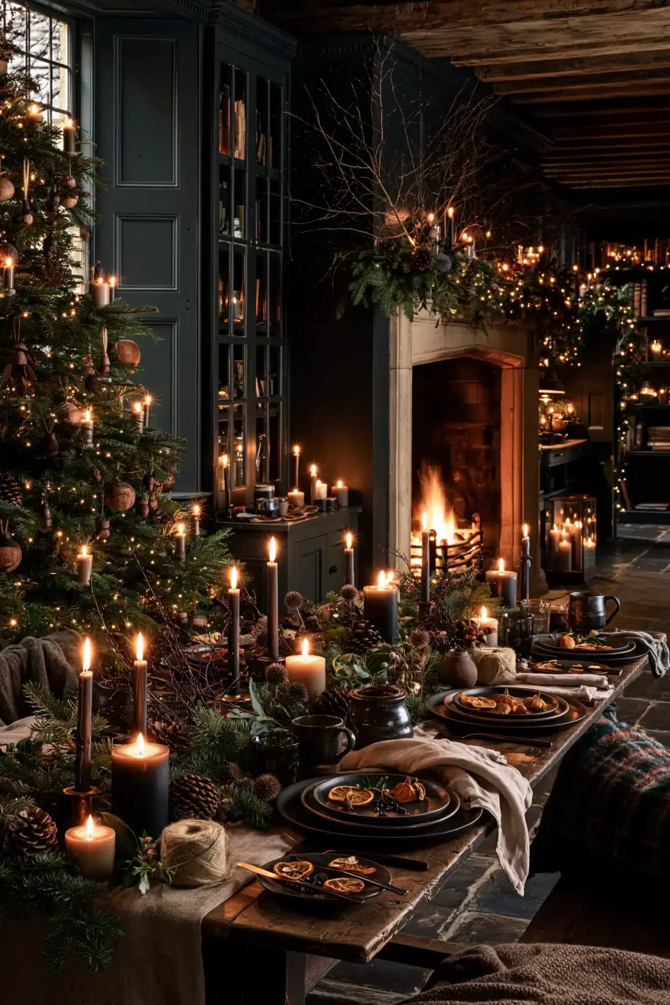 Natural moody Christmas decor inspired by winter solstice styling with candles, branches, and earthy tones.
