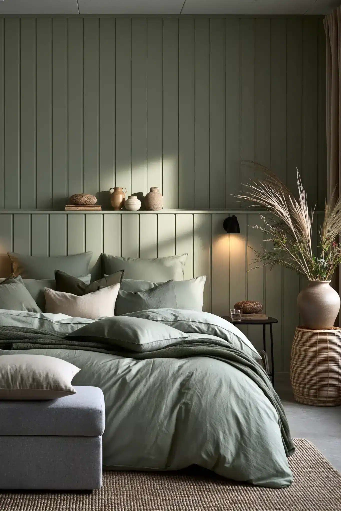 Neutral sage green and grey bedroom with mineral-inspired decor, soft textiles, and warm lighting