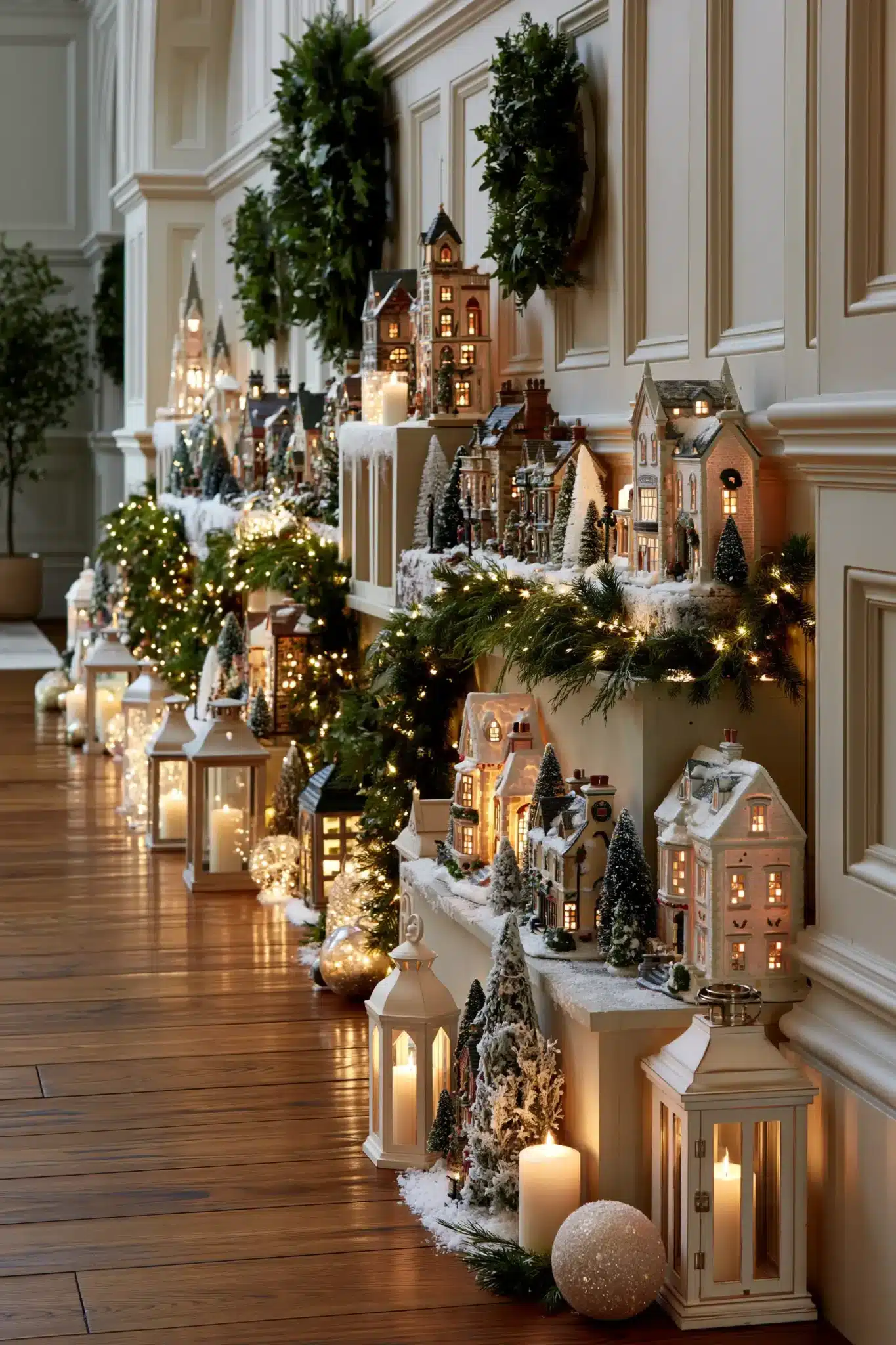 Hallway decorated with a miniature Christmas village, lights, and snowy accents