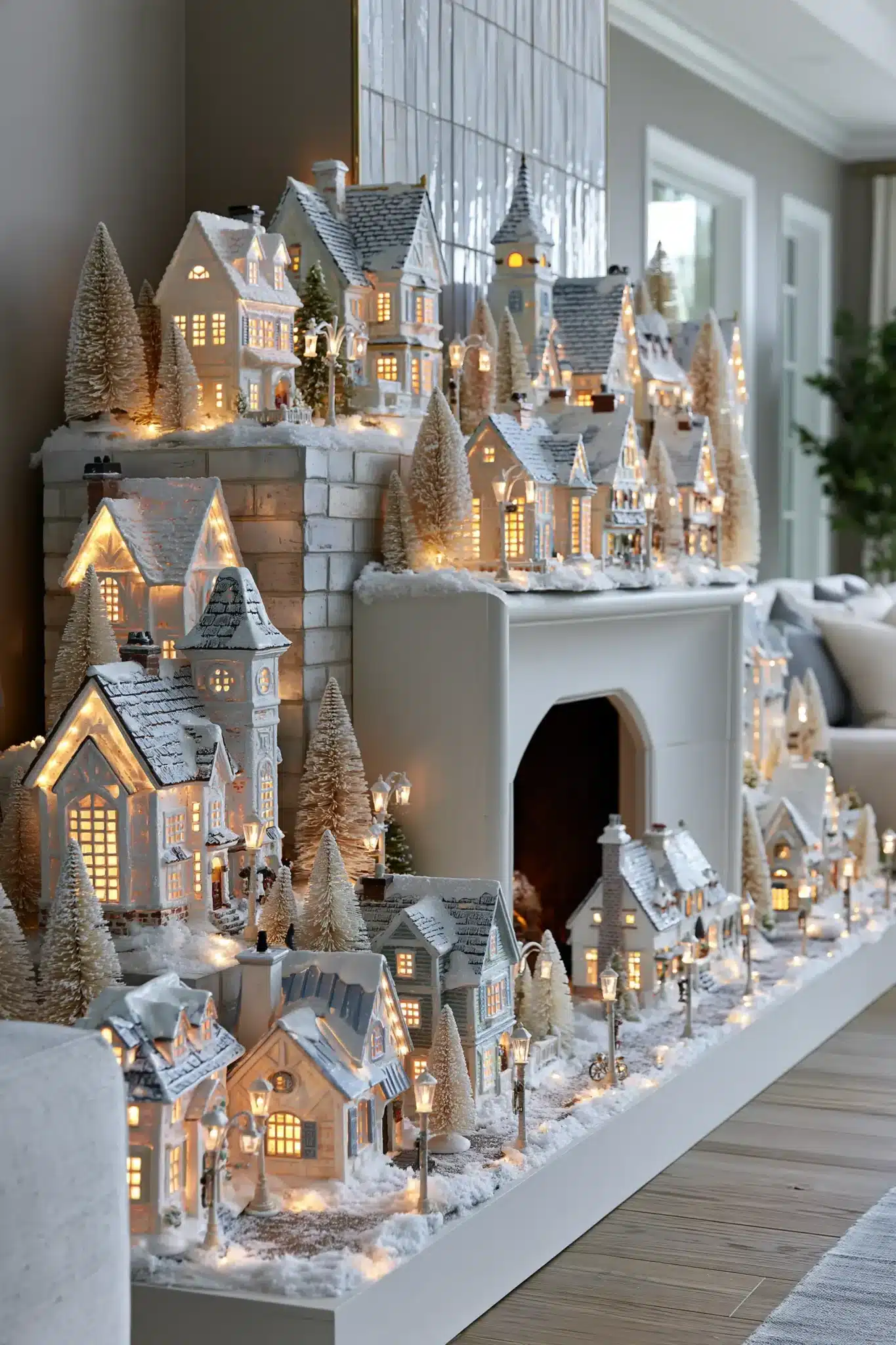 Christmas mantel styled as a miniature holiday village with glowing little houses