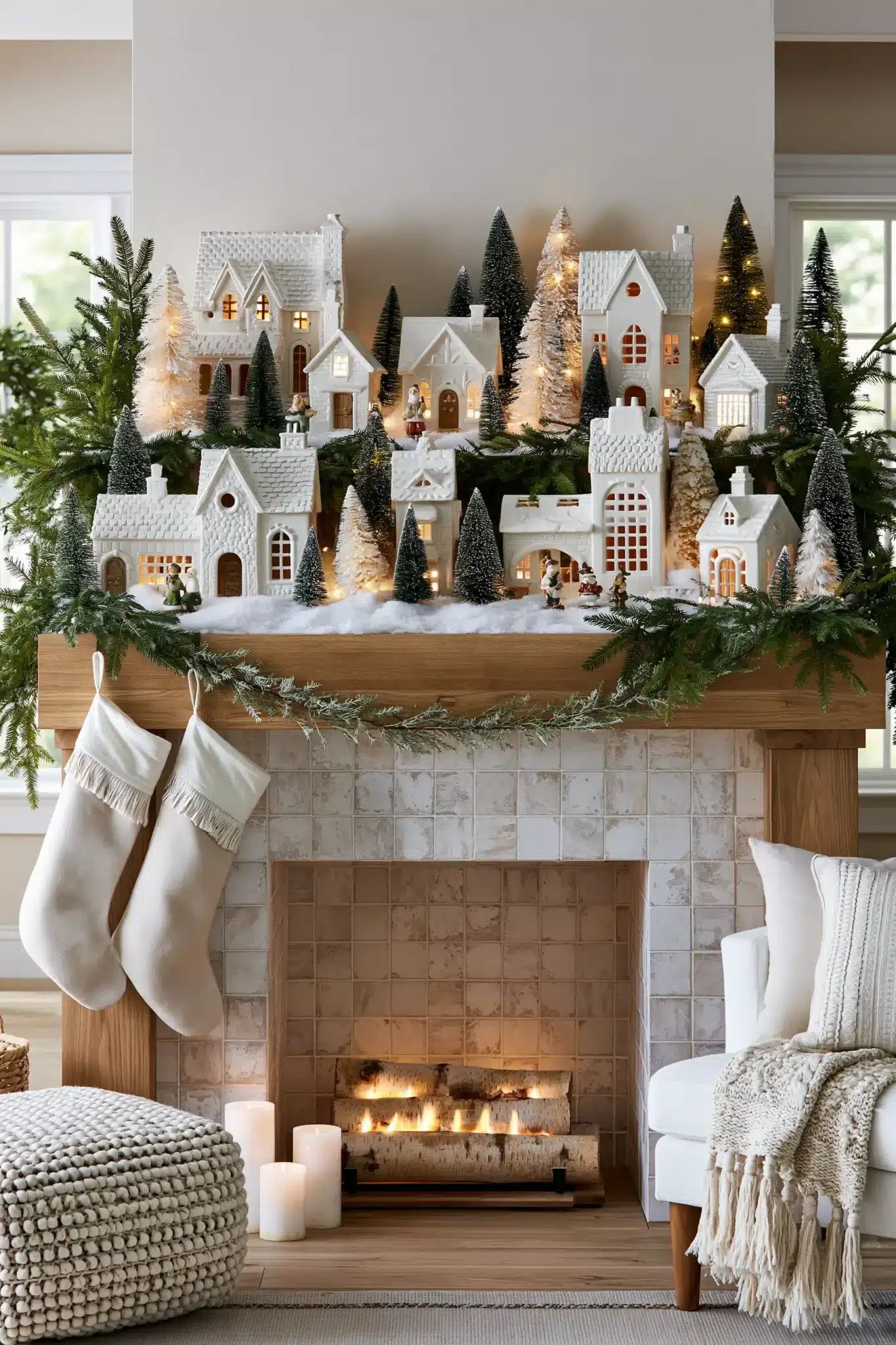 A Christmas mantel styled like a miniature winter village with tiny houses and trees.