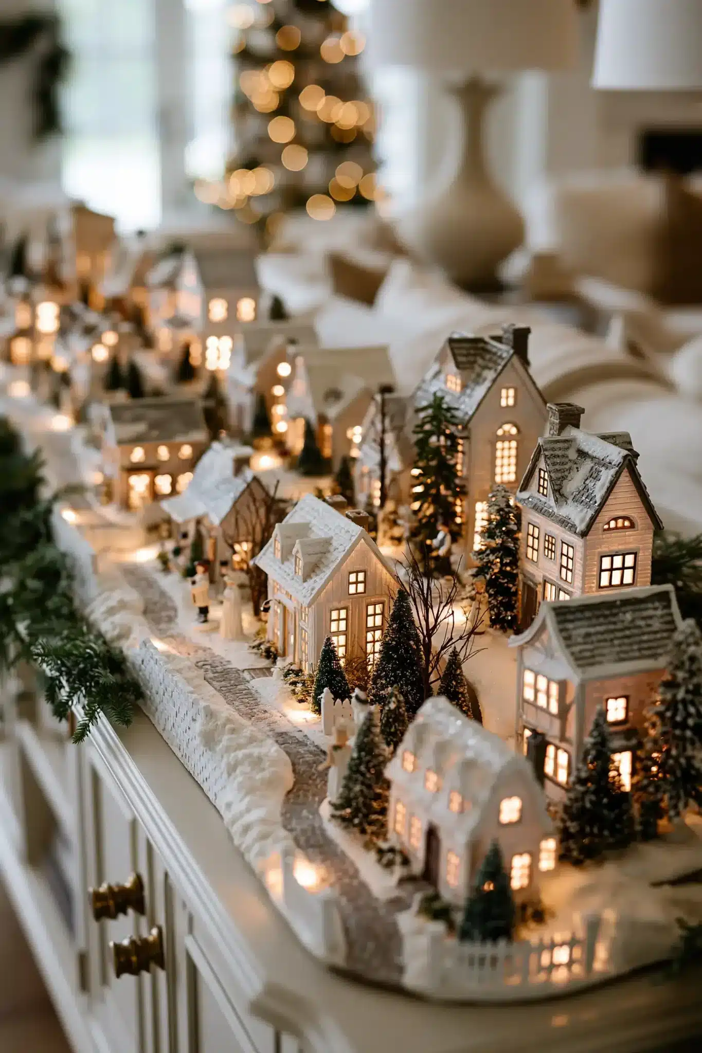 Miniature Christmas village display with lights, trees, and festive snowy details.