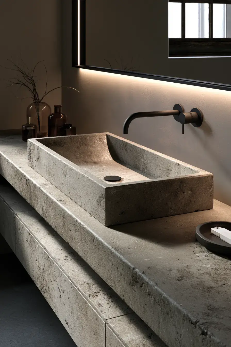 A minimal bathroom with floating cabinetry and a simple stone basin