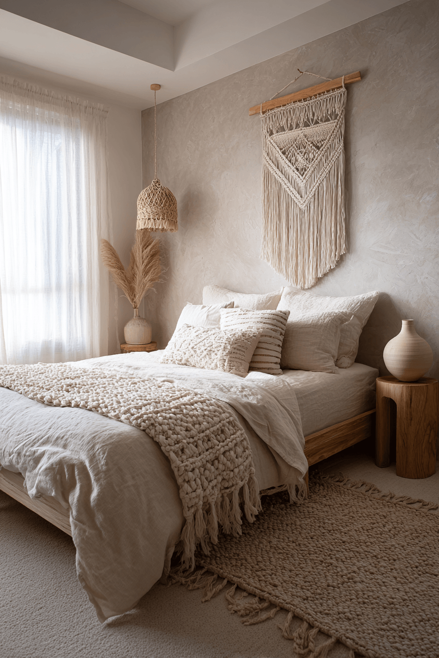 Warm minimalist bedroom with understated boho textures and neutral decor