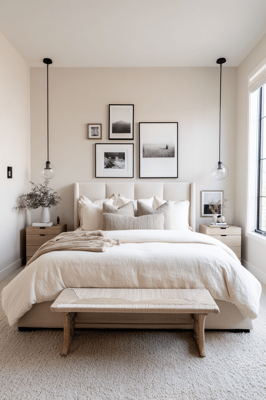 Minimal warm beige bedroom with simple furniture, soft bedding, and natural textures
