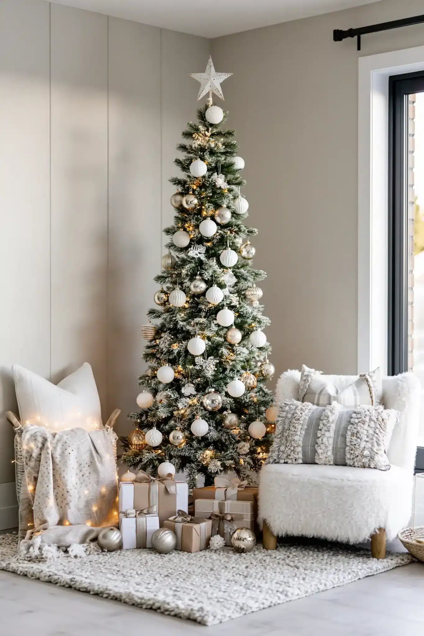 A small Christmas corner with a slim tree, white ornaments, and gold accents.
