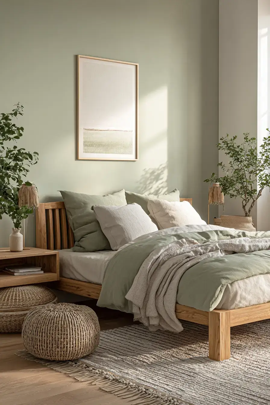 A minimalist green boho bedroom with woven accents and natural fabrics