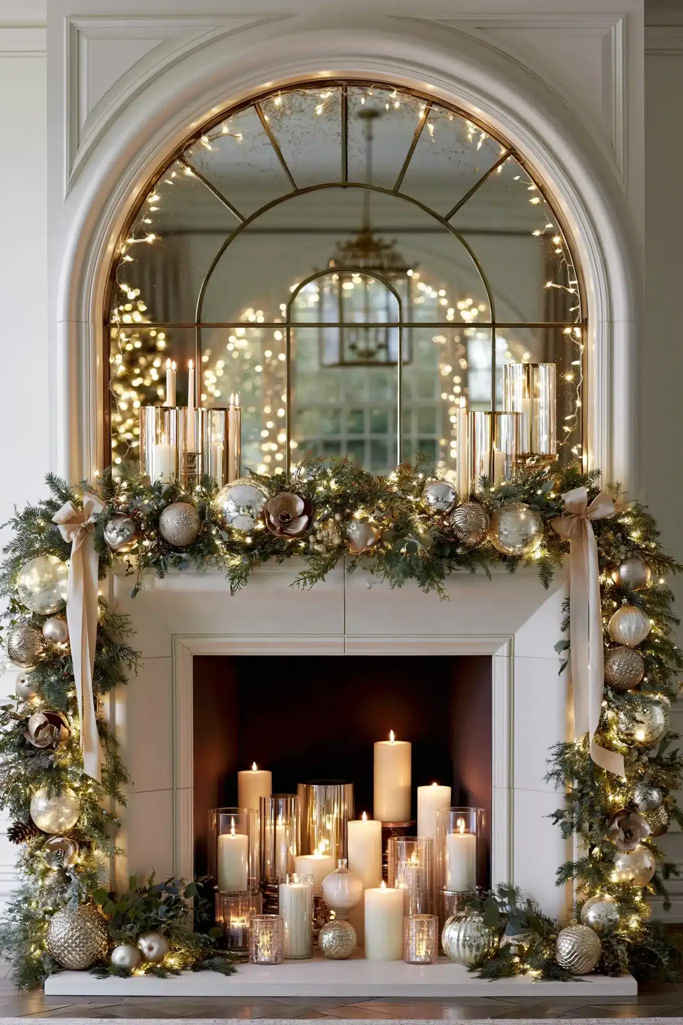 A Christmas mantel with a mirror, glowing garland, and reflective holiday accents.