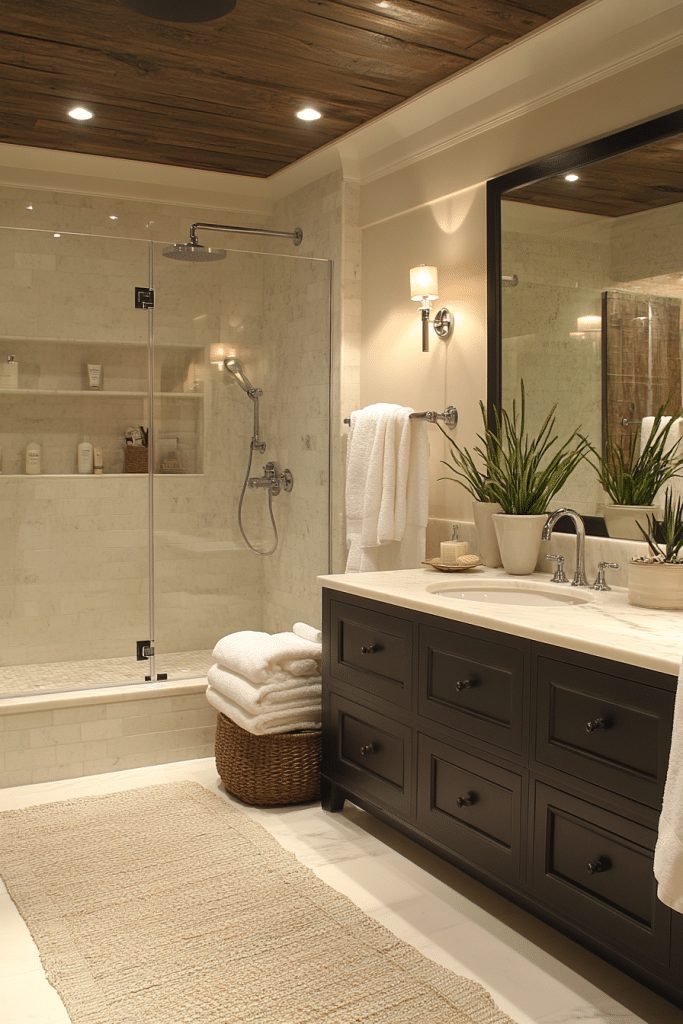 Walk-in shower with a mirrored wall that makes the bathroom feel larger.