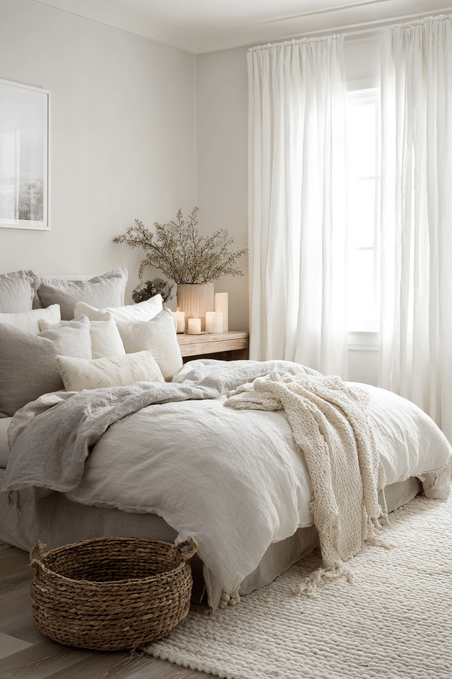 Cloudy warm neutral bedroom with misty gray linens, taupe rug, and pale oak furniture