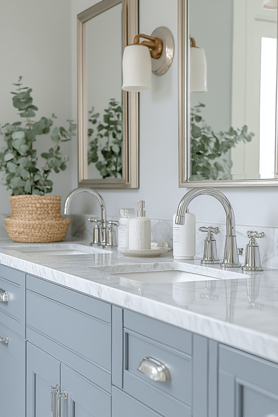Soft gray-blue bathroom with matte finishes, pebble shower tile, and a soaking tub