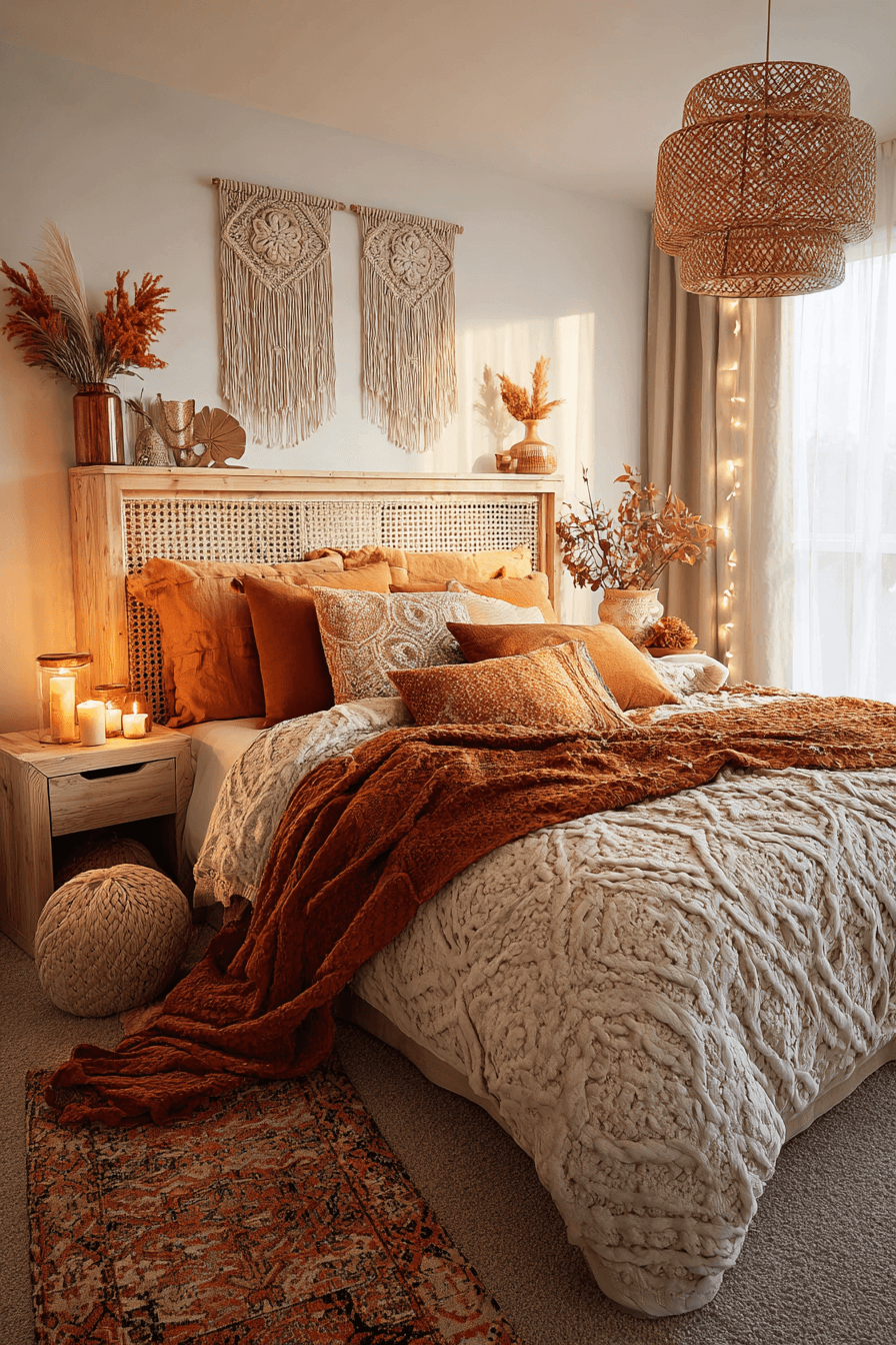 Boho bedroom with layered rugs, warm textiles, and woven decor
