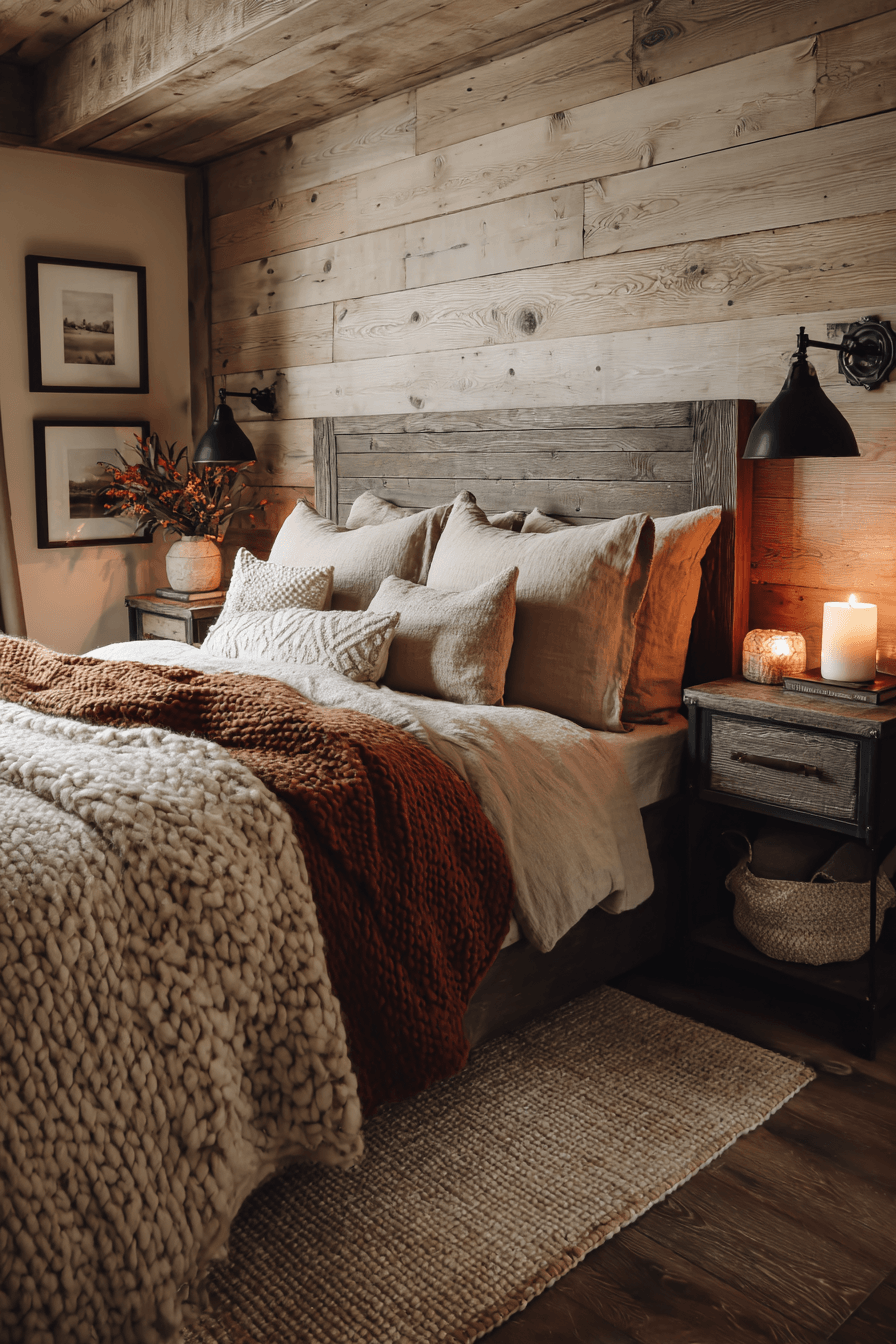 Modern rustic warm bedroom with textured bedding and natural wood