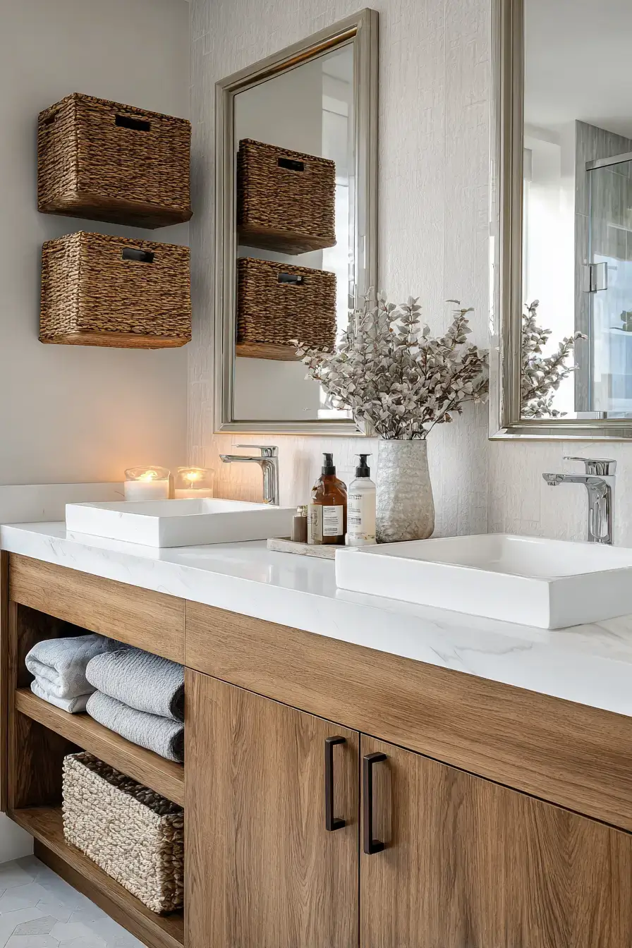 Warm modern bathroom with wood accents, baskets, and sleek fixtures