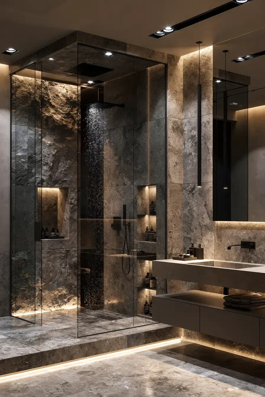 Textured stone shower with smooth countertop and frameless glass