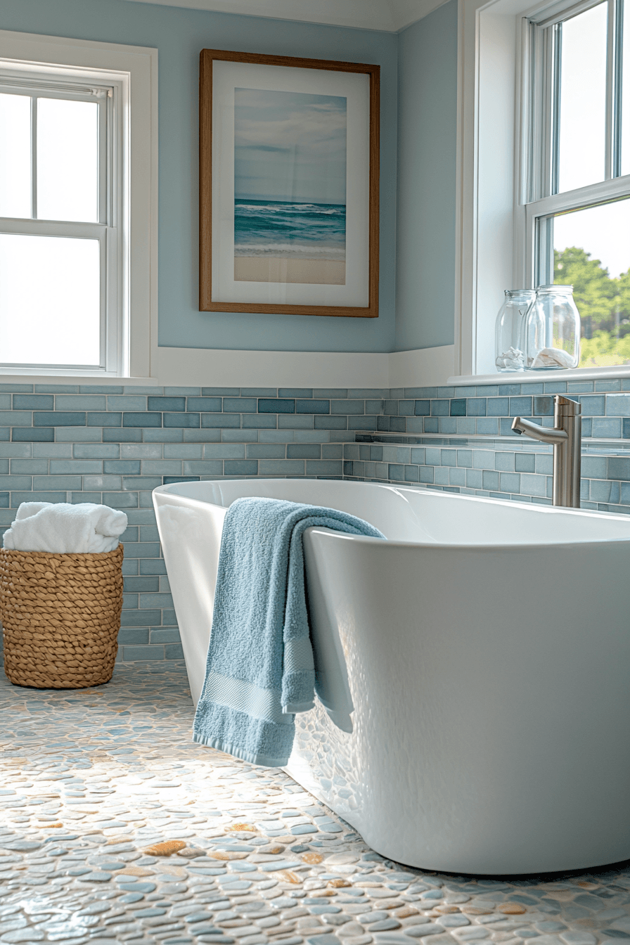 Creative ocean bathroom with mixed tile patterns, white grout, and wood countertop