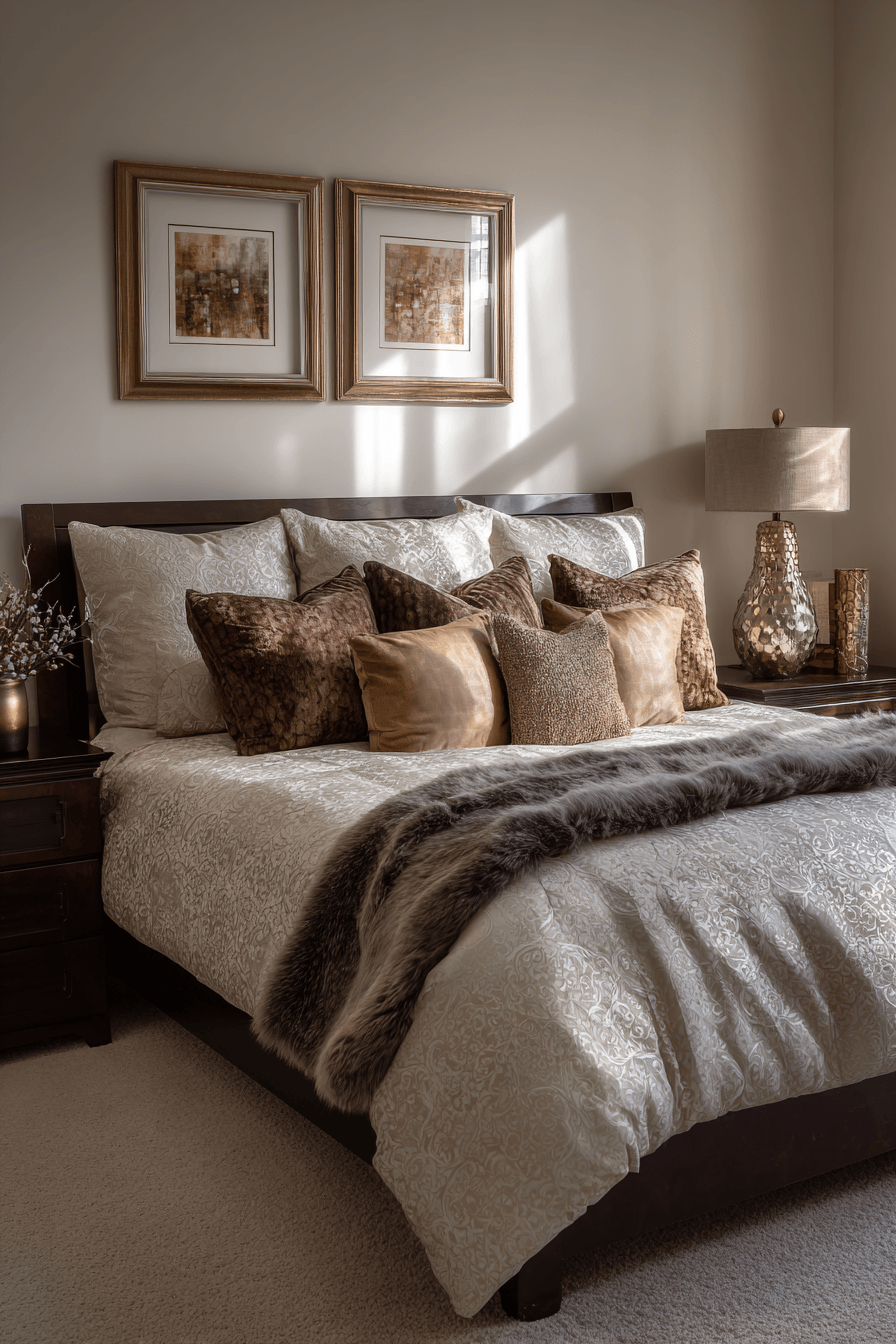 Mocha warm neutral bedroom with espresso wood bed frame and light bedding