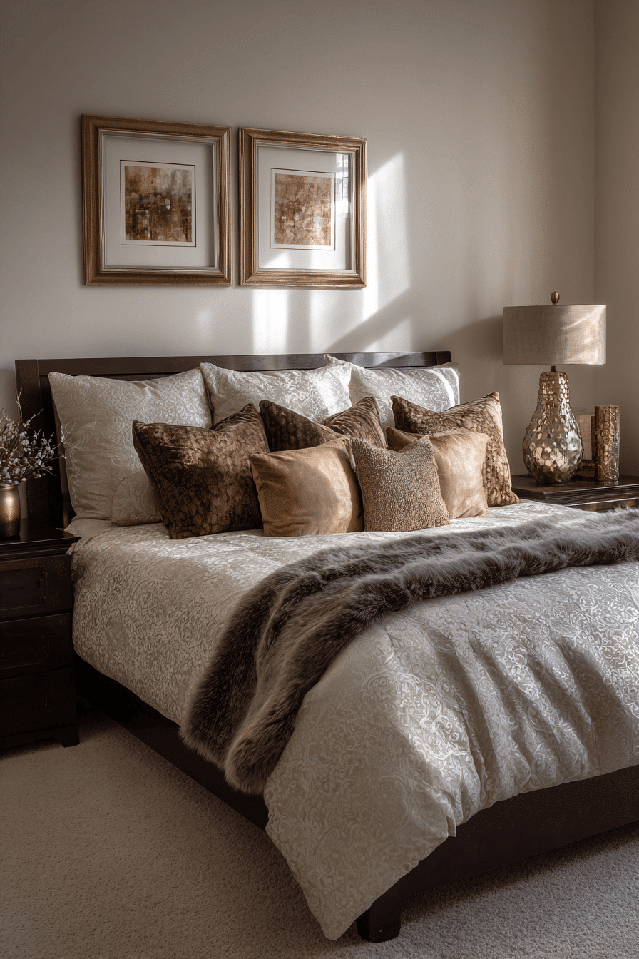 Mocha-toned warm neutral bedroom with espresso wood, brass details, and patterned curtains