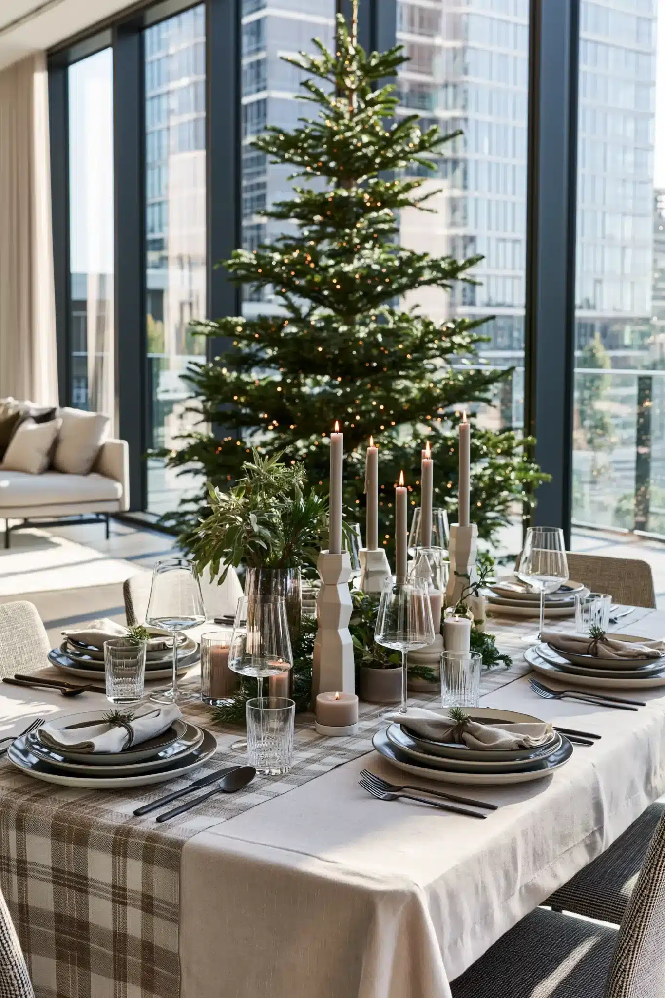 A modern Christmas table with clean lines, sculptural candleholders, and simple greenery