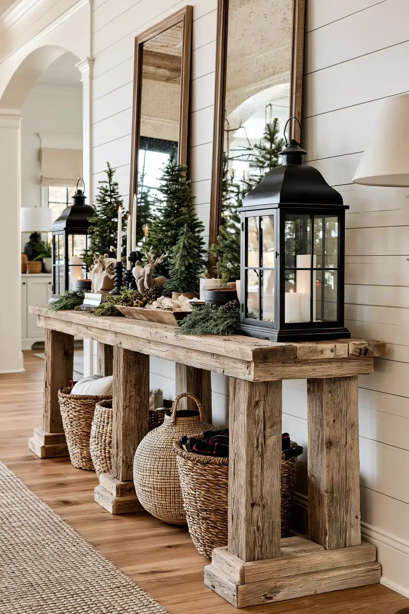 Modern farmhouse Christmas entryway table with neutral decor, lanterns, wood accents, and greenery