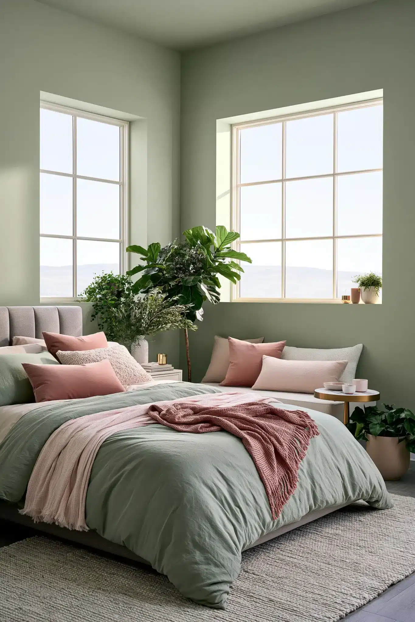 Modern sage green and blush bedroom with sleek furniture, textured linens, and blush accents.