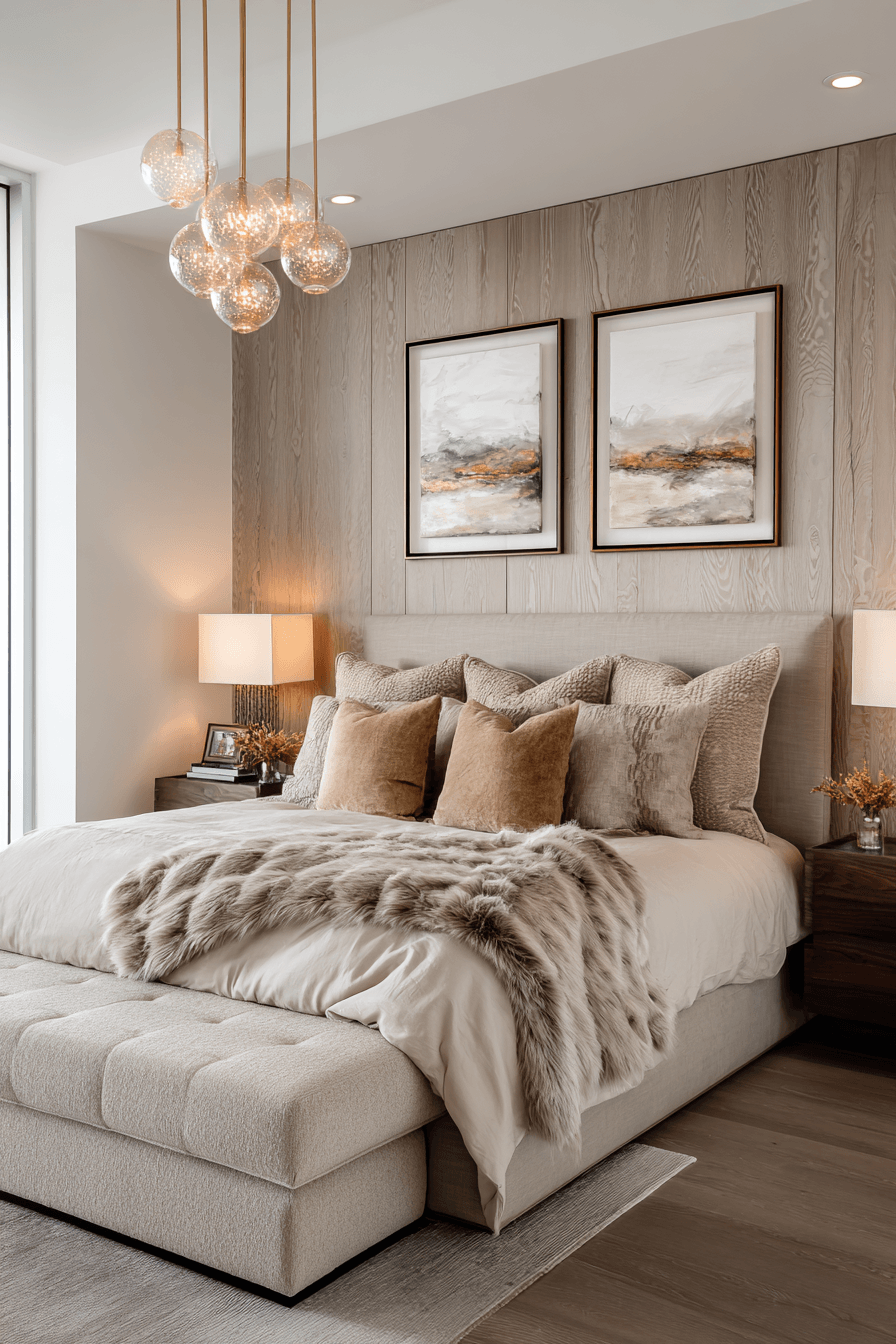 modern beige bedroom with cozy layered textiles