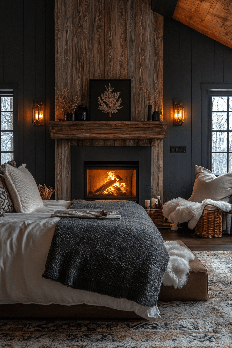 A warm cozy bedroom with a modern hearth-inspired look, deep neutrals, and layered throws.