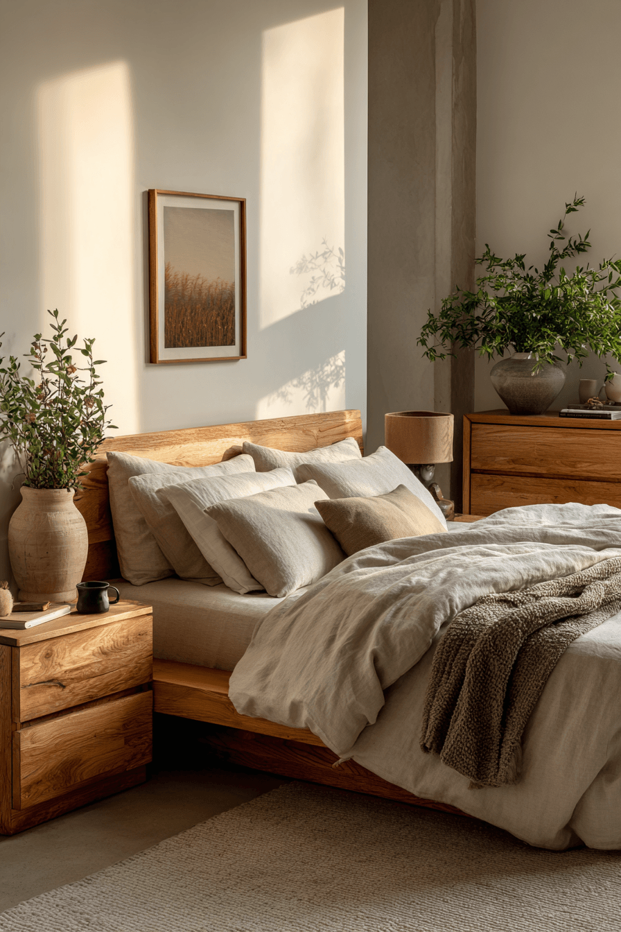 A modern cozy bedroom with sleek wood furniture, ceramic decor, and natural textiles.